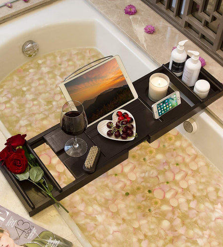 Bathtub Caddy Tray for Luxury Bath - Bamboo Waterproof Expandable Bath Table over Tub with Wine and Book Holder and Free Soap Dish (Brown)