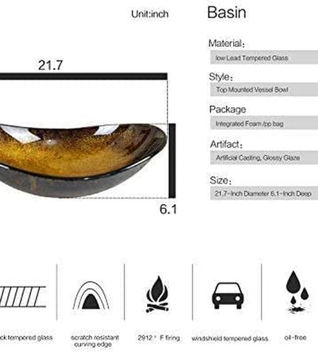 Bathroom Vessel Sink, Boat Shape Bathroom Artistic Glass Vessel Bowl Basin with Free Oil Rubbed Bronze Faucet and Pop-Up Drain, Gold Ingot
