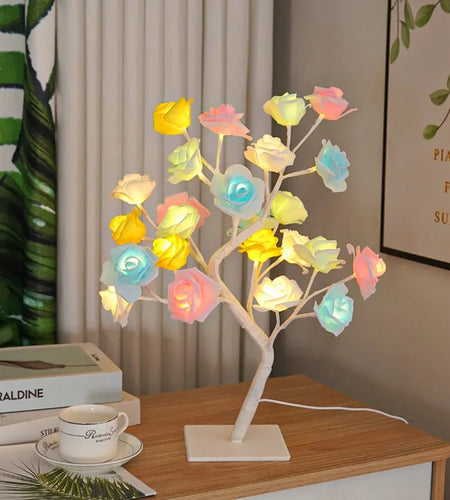 24 LED Rose Flower Tree Lights USB Table Lamp Fairy Night Light Party Christmas Wedding Bedroom Home Tabletop Decor Girls Gift