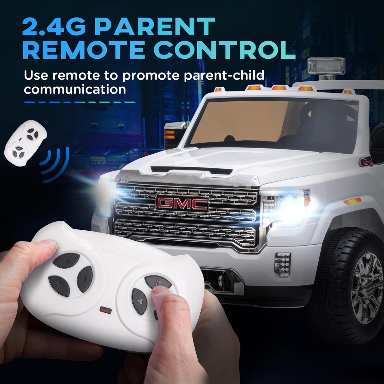 12V GMC Sierra HD Battery Kids Ride on Car with Remote Control, Bright Headlights, & Working Suspension, White