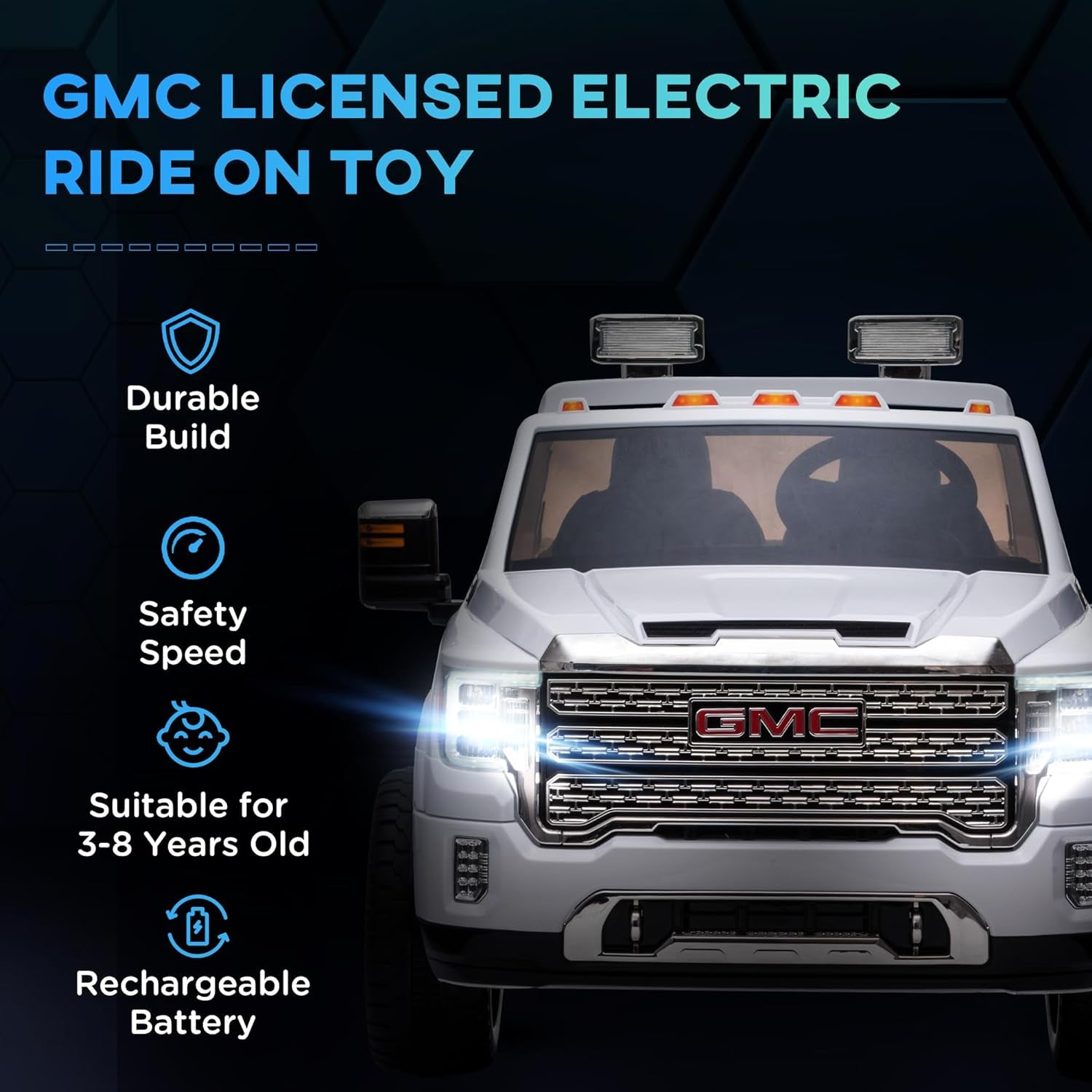 12V GMC Sierra HD Battery Kids Ride on Car with Remote Control, Bright Headlights, & Working Suspension, White