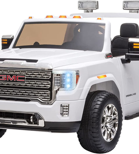 12V GMC Sierra HD Battery Kids Ride on Car with Remote Control, Bright Headlights, & Working Suspension, White