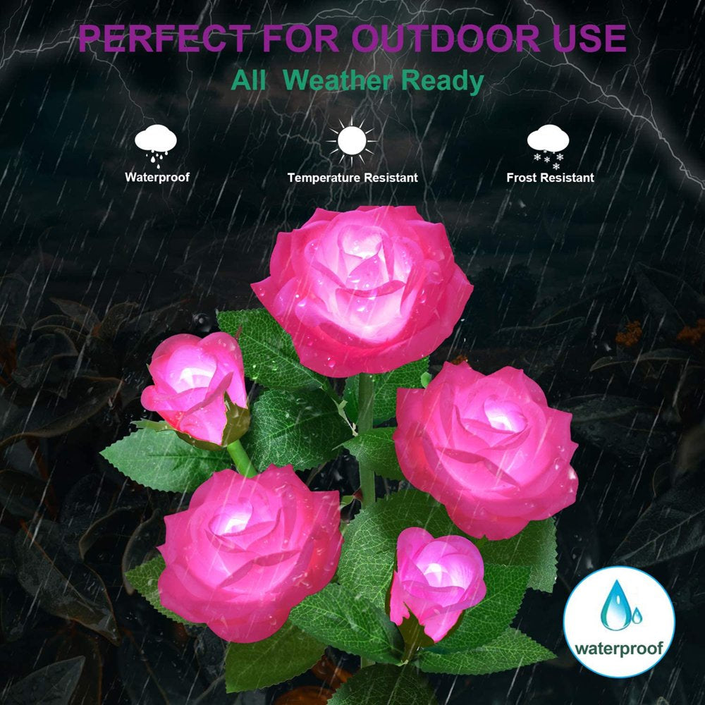 LED Solar Flower Light, Outdoor Solar Landscape Lights with 5 Rose Flowers, Waterproof Solar Garden Lights for Patio Yard Pathway Decoration, Pink