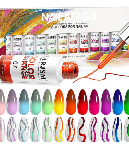 Temperature Color Changing Painted Line Art Gel Nail Polish Set,12 Colors Mood Changing Gel Polish Pink Orange Red Blue Green Purple for Fall Winter Nail Art DIY Design Curing Required 8Ml