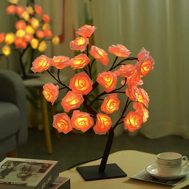 24 LED Rose Flower Tree Lights USB Table Lamp Fairy Night Light Party Christmas Wedding Bedroom Home Tabletop Decor Girls Gift