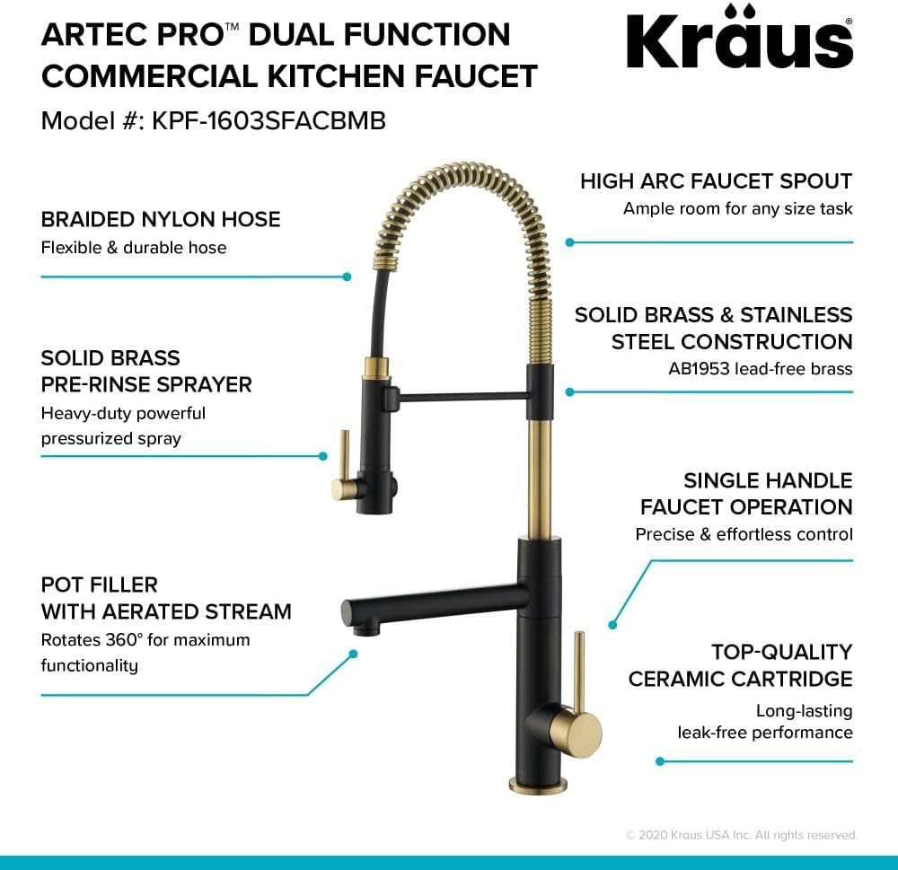 KPF-1603SFACBMB Artec Pro 2-Function Commercial Style Pre-Rinse Kitchen Faucet with Pot Filler, Spot Free Antique Champagne Bronze/Matte Black