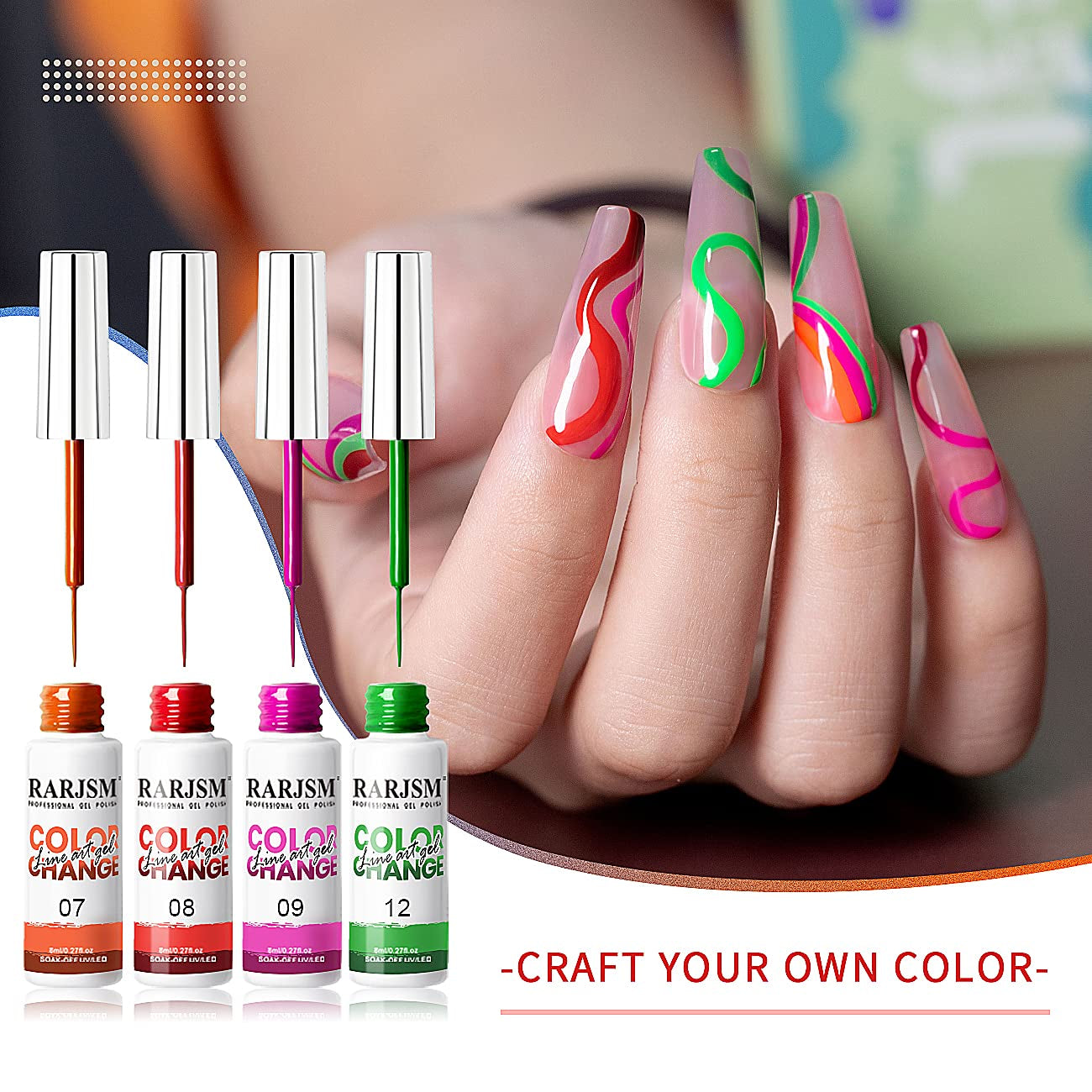 Temperature Color Changing Painted Line Art Gel Nail Polish Set,12 Colors Mood Changing Gel Polish Pink Orange Red Blue Green Purple for Fall Winter Nail Art DIY Design Curing Required 8Ml