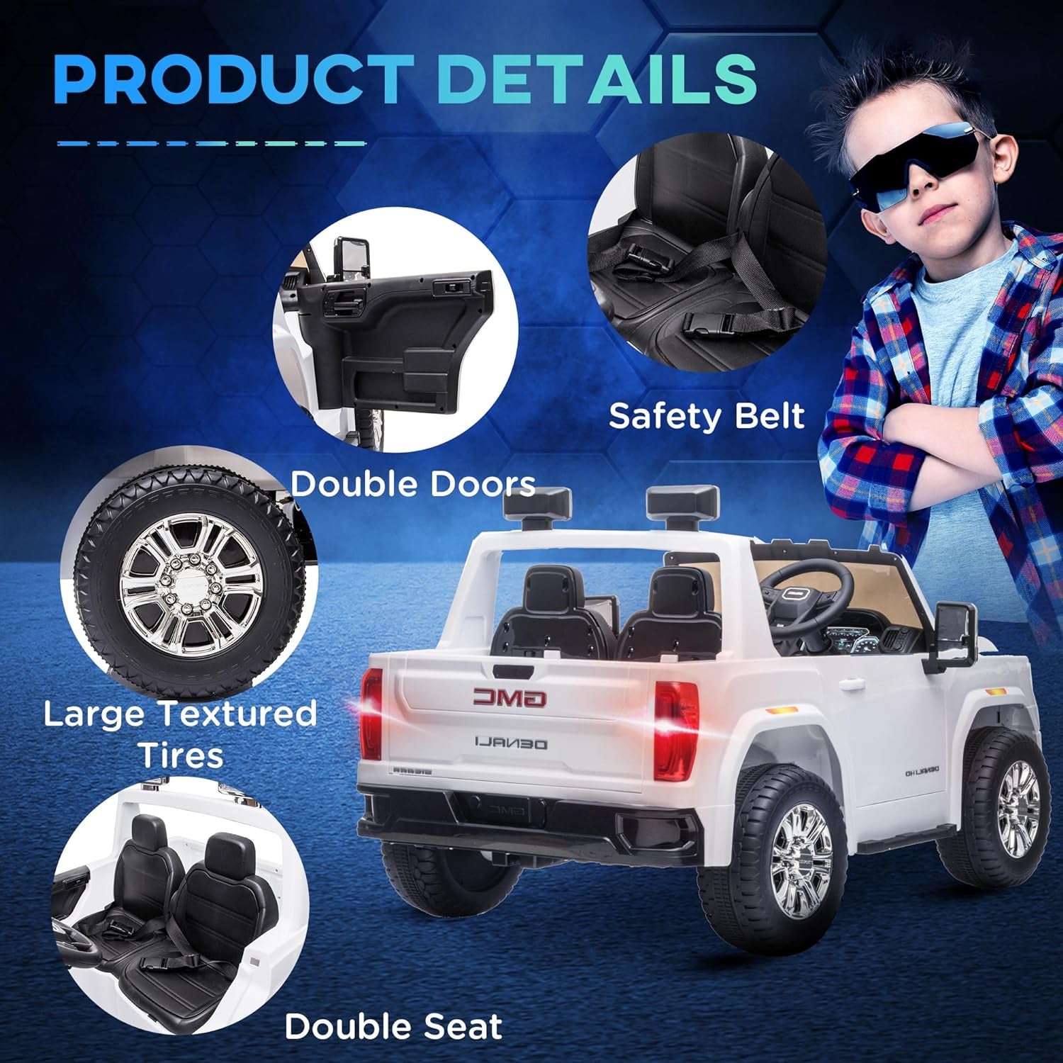 12V GMC Sierra HD Battery Kids Ride on Car with Remote Control, Bright Headlights, & Working Suspension, White