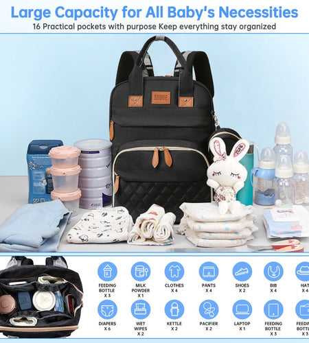 Diaper Bag Backpack, Large Capacity Diaper Backpack with Foldable Crib, Travel Waterproof Baby Changing Bag Multifunctional with USB Charging Port & Stroller Strap for Baby Boy & Girls(Pink)