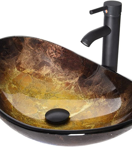 Bathroom Vessel Sink, Boat Shape Bathroom Artistic Glass Vessel Bowl Basin with Free Oil Rubbed Bronze Faucet and Pop-Up Drain, Gold Ingot