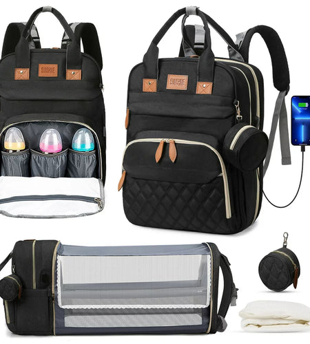 Diaper Bag Backpack, Large Capacity Diaper Backpack with Foldable Crib, Travel Waterproof Baby Changing Bag Multifunctional with USB Charging Port & Stroller Strap for Baby Boy & Girls(Pink)