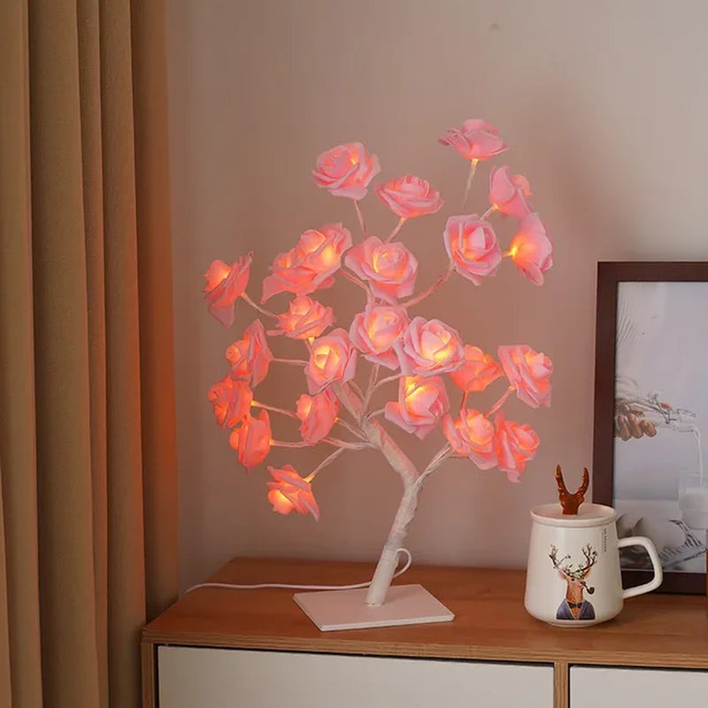 24 LED Rose Flower Tree Lights USB Table Lamp Fairy Night Light Party Christmas Wedding Bedroom Home Tabletop Decor Girls Gift