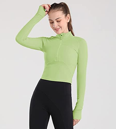 Women'S Cropped Workout Jacket 1/2 Zip Pullover Running Athletic Outwear Slim Fit Long Sleeve Yoga Top