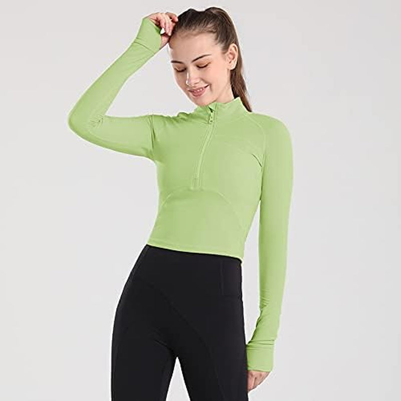 Women'S Cropped Workout Jacket 1/2 Zip Pullover Running Athletic Outwear Slim Fit Long Sleeve Yoga Top