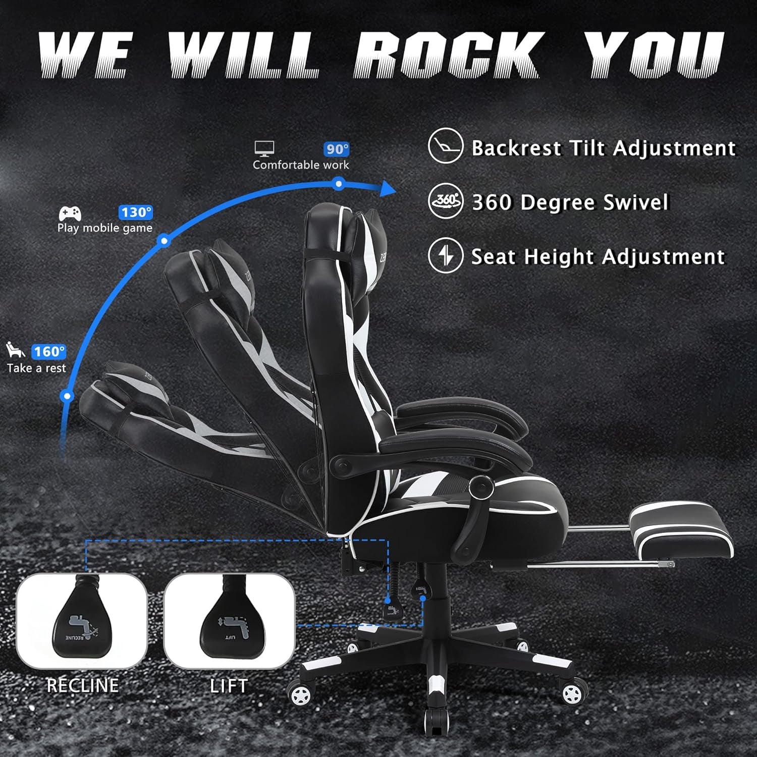 Gaming Chairs for Adults Black Recliner Computer Chair with Footrest Ergonomic PC Gaming Chair with Massage High Back Chair for Gaming Big and Tall Gamer Chair Large Computer Gaming Chair