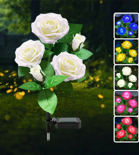 LED Solar Flower Light, Outdoor Solar Landscape Lights with 5 Rose Flowers, Waterproof Solar Garden Lights for Patio Yard Pathway Decoration, White
