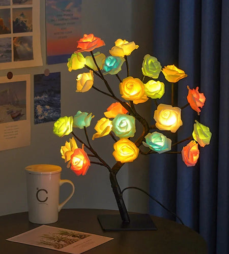 24 LED Rose Flower Tree Lights USB Table Lamp Fairy Night Light Party Christmas Wedding Bedroom Home Tabletop Decor Girls Gift