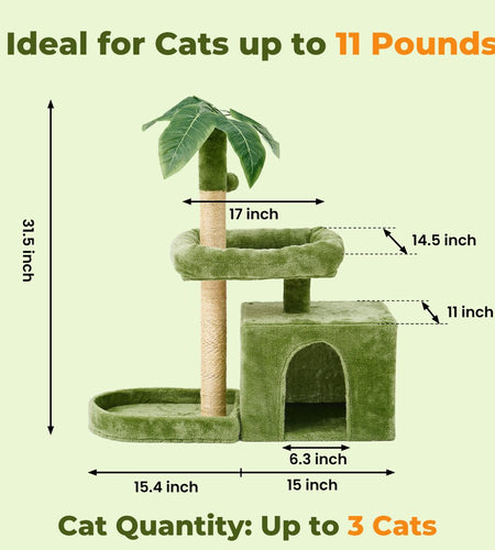 31.5" Cat Tree Cat Tower for Indoor Cats with Green Leaves, Cat Condo Cozy Plush Cat House with Hang Ball and Leaf Shape Design, Cat Furniture Pet House with Cat Scratching Posts,Beige