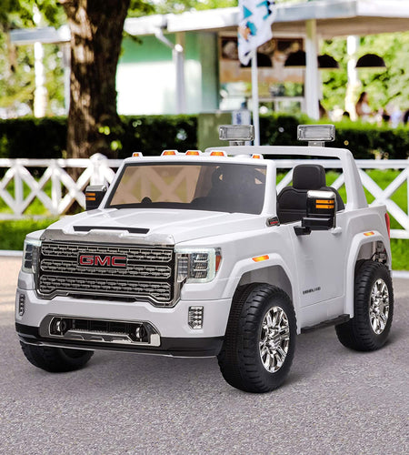 12V GMC Sierra HD Battery Kids Ride on Car with Remote Control, Bright Headlights, & Working Suspension, White
