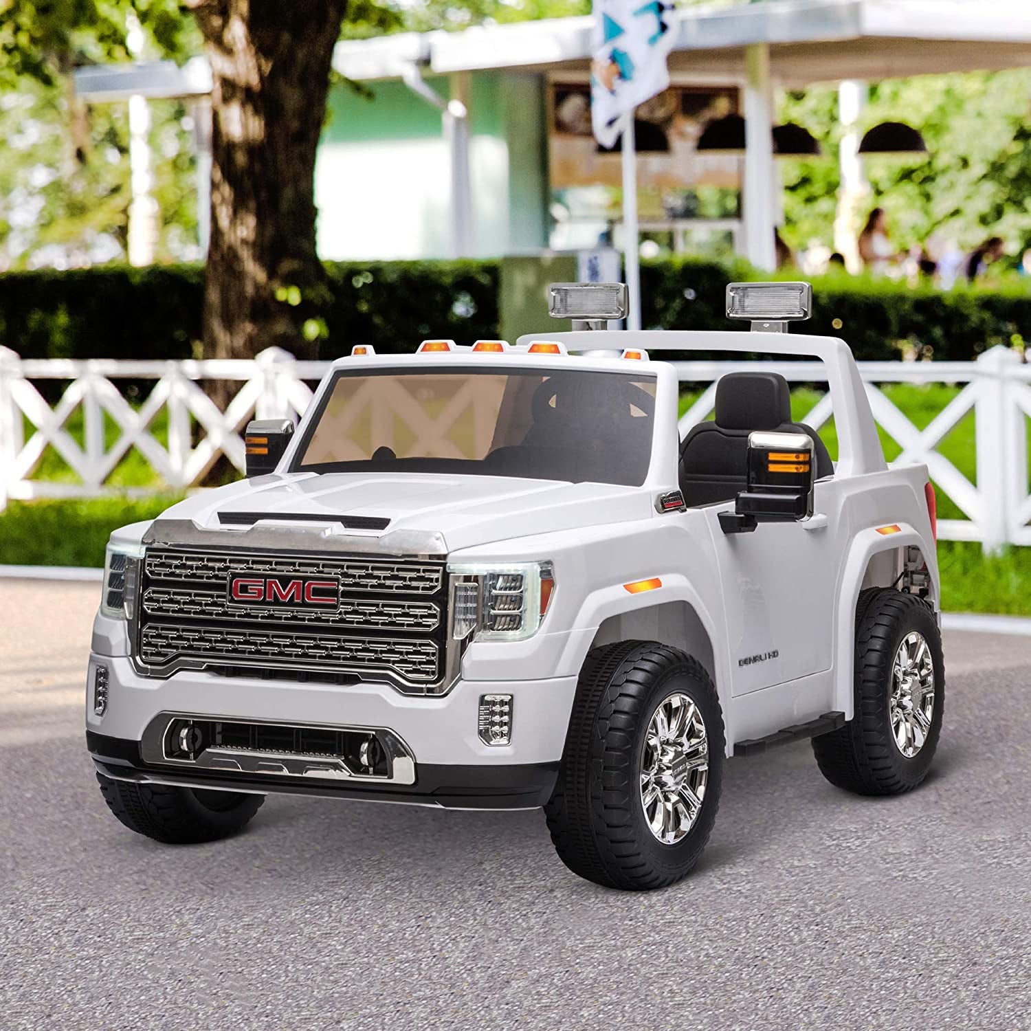 12V GMC Sierra HD Battery Kids Ride on Car with Remote Control, Bright Headlights, & Working Suspension, White