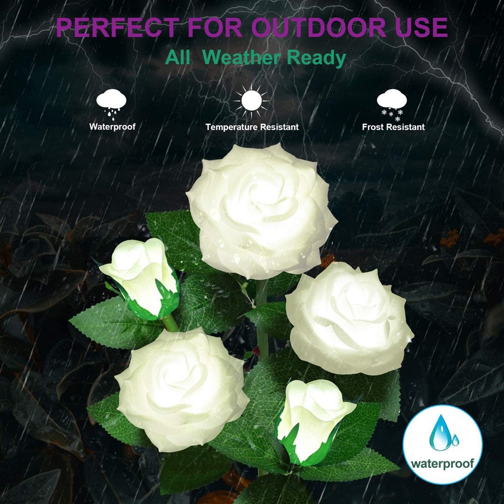 LED Solar Flower Light, Outdoor Solar Landscape Lights with 5 Rose Flowers, Waterproof Solar Garden Lights for Patio Yard Pathway Decoration, White