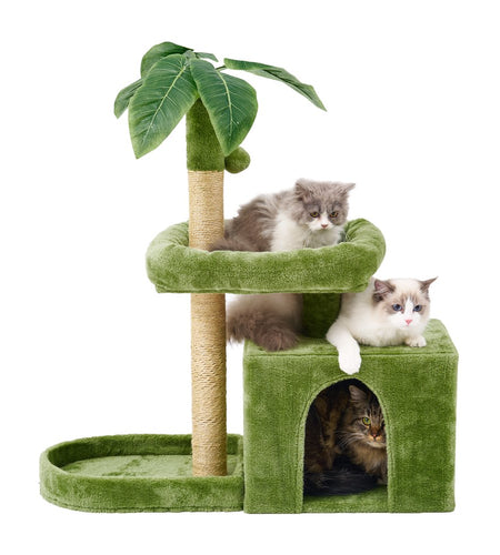 31.5" Cat Tree Cat Tower for Indoor Cats with Green Leaves, Cat Condo Cozy Plush Cat House with Hang Ball and Leaf Shape Design, Cat Furniture Pet House with Cat Scratching Posts,Beige