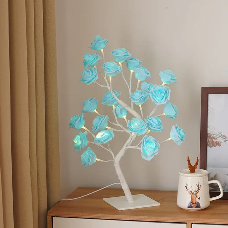 24 LED Rose Flower Tree Lights USB Table Lamp Fairy Night Light Party Christmas Wedding Bedroom Home Tabletop Decor Girls Gift