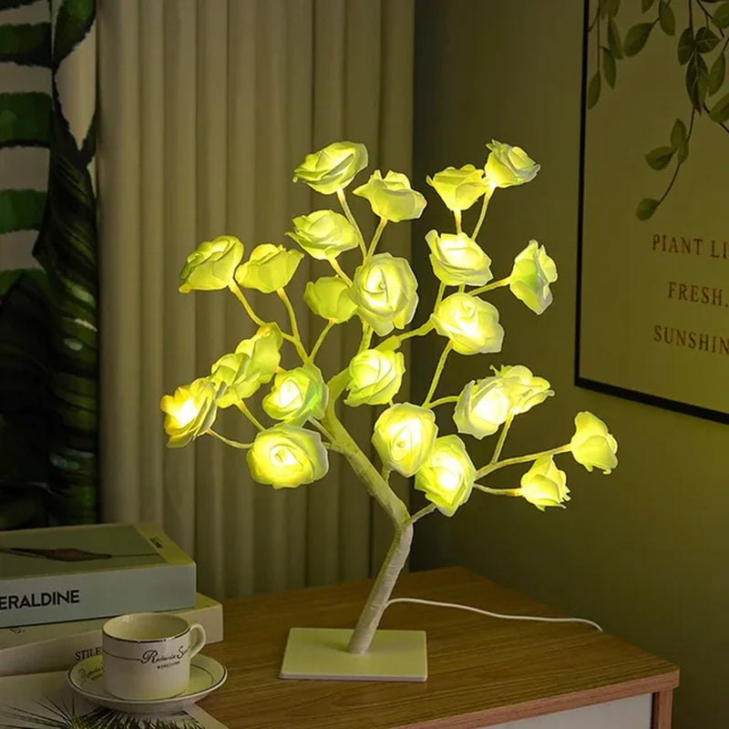 24 LED Rose Flower Tree Lights USB Table Lamp Fairy Night Light Party Christmas Wedding Bedroom Home Tabletop Decor Girls Gift