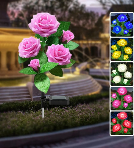 LED Solar Flower Light, Outdoor Solar Landscape Lights with 5 Rose Flowers, Waterproof Solar Garden Lights for Patio Yard Pathway Decoration, Pink