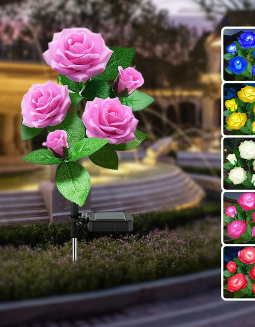 Load image into Gallery viewer, LED Solar Flower Light, Outdoor Solar Landscape Lights with 5 Rose Flowers, Waterproof Solar Garden Lights for Patio Yard Pathway Decoration, Pink
