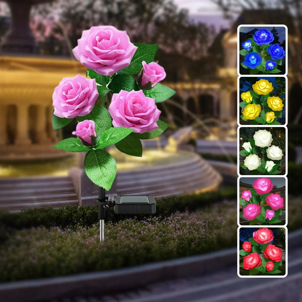 LED Solar Flower Light, Outdoor Solar Landscape Lights with 5 Rose Flowers, Waterproof Solar Garden Lights for Patio Yard Pathway Decoration, Pink